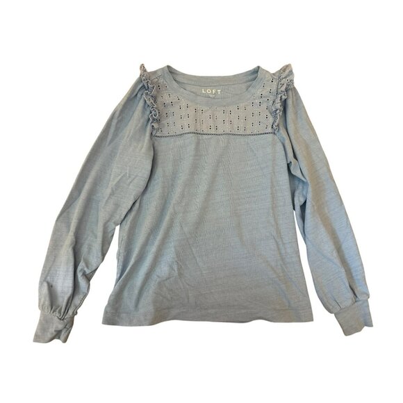 Loft Womens Small Blue Long Sleeve Top Eyelet Blouse Ruffle Cottage Peasant - Picture 1 of 5